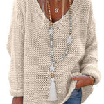 Margovil V Neck Long Sleeve Hollow Out Knit Sweater
