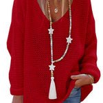 Margovil V Neck Long Sleeve Hollow Out Knit Sweater