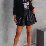 Margovil Stylish Elastic Waist Ruched Sequin Shorts