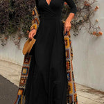 Margovil Wrap V Neck Long Sleeve Waisted Swing Dress