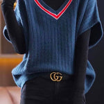 margovil V Neck Short Sleeve Color Block Sweater