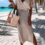 Margovil Wrap V Neck Tie Waist Side Split Cover Up Dress