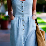 Margovil Buttons U Neck Sleeveless Striped Dress with Pockets