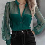 Chic Crew Neck Sheer Sleeves Button Down Shirt