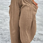 Elastic-waist Pleated Wide-leg Loose Cotton Linen Trousers