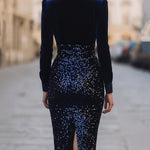 Midnight Velvet & Sequin Contrast Midi Dress