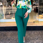 Long Sleeves Buttoned Printed Lapel Blouses Top + High Waisted Pants Bottom Two Pieces Set