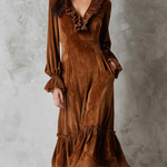 Retro Ruffle Neck Lace Trim Eco-friendly Velvet Midi Dress