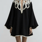 Flared Sleeves Loose Contrast Color Hollow Stand Collar Mini Dresses