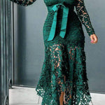 High-neck lace bow tie irregular long skirt