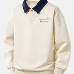 Relax Fit Line Dachshund Print Contrast Polo Sweatshirt & Straight Leg Pleated Pintuck Sweatpants