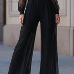 Sheer Sleeve Cinched Waist Wide-Leg Jumpsuit