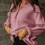 Smoke Green Waffle Patchwork Drop Sleeve Henley Top