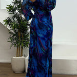 Margovil Off Shoulder Lantern Long Sleeves Printed Slit Pleated Maxi Dress