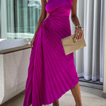 Margovil 3D Rose One Shoulder Cut Out Waist Asymmetric Hem Pleated Maxi Dress