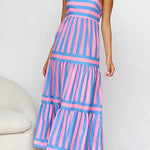 Margovil Spaghetti Strap Ruffle Tiered Color Block Striped Maxi Dress