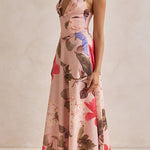 Halter V Neck Lace-up Waisted Floral Print Maxi Dress