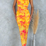 One Shoulder Ruched Sleeveless Printed Bodycon Maxi Dress