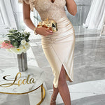 Margovil V Neck Flare Sleeves Slit Bodycon Sequin Midi Dress