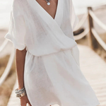 Cotton Linen Blend Pocketed Belt Kimono Mini Dress