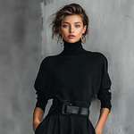 Women's All-black Turtleneck Long-sleeved T-shirt And Straight-leg Pants Two-piece Set