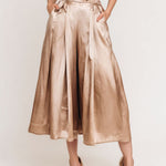 Quiet Luxury Champagne Satin Sleeveless Button Blouse & High-Waist Midi Culottes Set