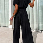 Ivy Cowl Neck Short Sleeve Belt Pleated Loose Wide Leg Jumpsuit