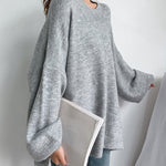 Stretch Mohair-Blend Balloon Sleeves Loose Solid Round-Neck Sweater Tops