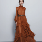 Women's Elegant Orange Chiffon Round-neck Long-sleeved Maxi Dress
