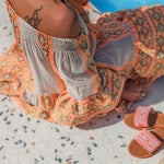 Friendly Shores Linen Blend Ethnic Print Off Shoulder Loose Mini Dress