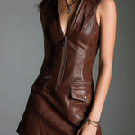 Chocolate Brown Eco Leather Zip-Front Mini Dress With Utility Pockets