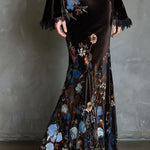 Elegance Midnight Velvet Floral Gown With Lace Trim