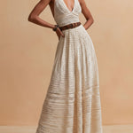 Boho Chic Ivory Crochet Halter Maxi Dress With Waist Belt