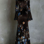 Elegance Midnight Velvet Floral Gown With Lace Trim