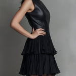Chic Black Eco Leather & Pleated Chiffon Tiered Skirt Mini Dress