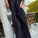 Party Favors Sequin One Shoulder Ruffle Detail Wide Leg Evening Jumpsuit
