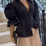 High-Low Puff Sleeves Asymmetric Buttoned Solid Color Deep V-Neck Blouses&Shirts Tops