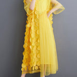 Loose Short Sleeves Asymmetric Gauze Split-Joint Round-Neck Midi Dresses