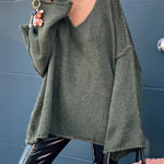 Fashionable Patchwork V-neck Long-sleeved Knitted Sweater
