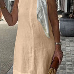 Linen Blend Solid Color Crew Neck Sleeveless Casual Mini Dress