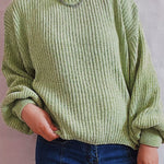Solid Color Casual Round Neck Lantern Sleeve Short Knitted Sweater