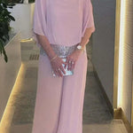 Stylish Sequin Patchwork Dolman Sleeve Top and Elastic Waist Wide Leg Pants Set