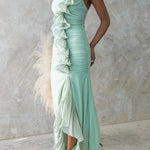 Margovil One Shoulder Slit Ruched Ruffle Mesh Maxi Dress