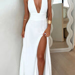 Margovil Deep V Neck Halter Tie Knot Backless Slit Maxi Dress