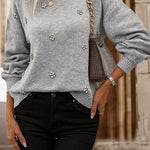 Crewneck Drop Shoulder Rhinestone Detailed Pullover Sweater