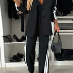 Margovil Patchwork Notch Lapel Pocketed Blazer Elastic Waist Wide Leg Pants Casual Set