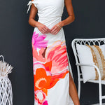 Asymmetric Shoulder Side Slit Floral Maxi Dress