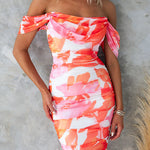 Off Shoulder Back Slit Ruched Print Maxi Dress