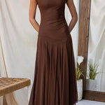 Mockneck Cap Sleeves Ruched Mesh Maxi Dress