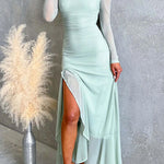 Asymmetric Shoulder Long Sleeves Slit Ruffle Maxi Dress